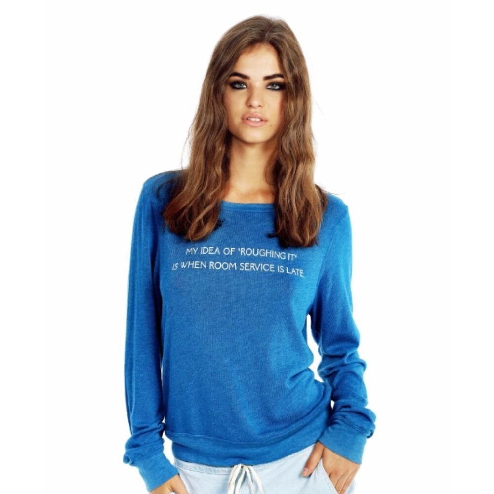 Wildfox Small Blue Cotton Blend Crew-neck Long-Sleeve Pullover Graphic Tee Shirt